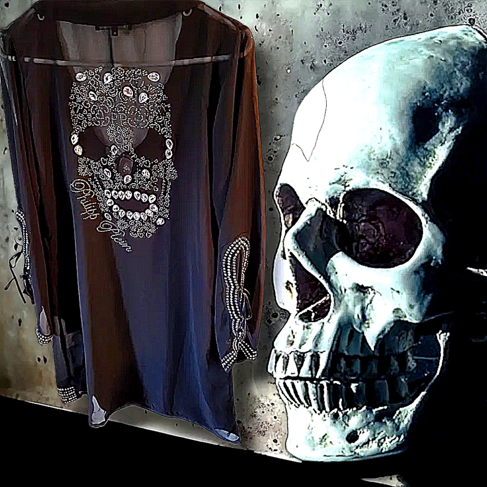 Philipp Plein Black RARE Crystal Sheer Summer Tunic Coverup Mini Dress Medium
